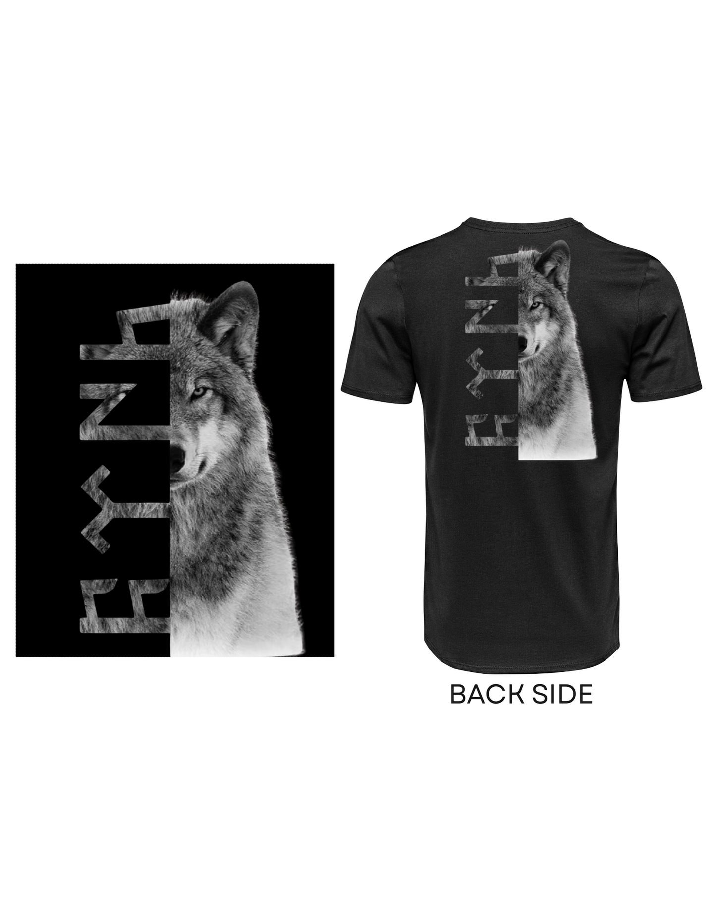 T-Shirt mit Wolfsmotiv - alttürkischer Schrift Güc/Stärke